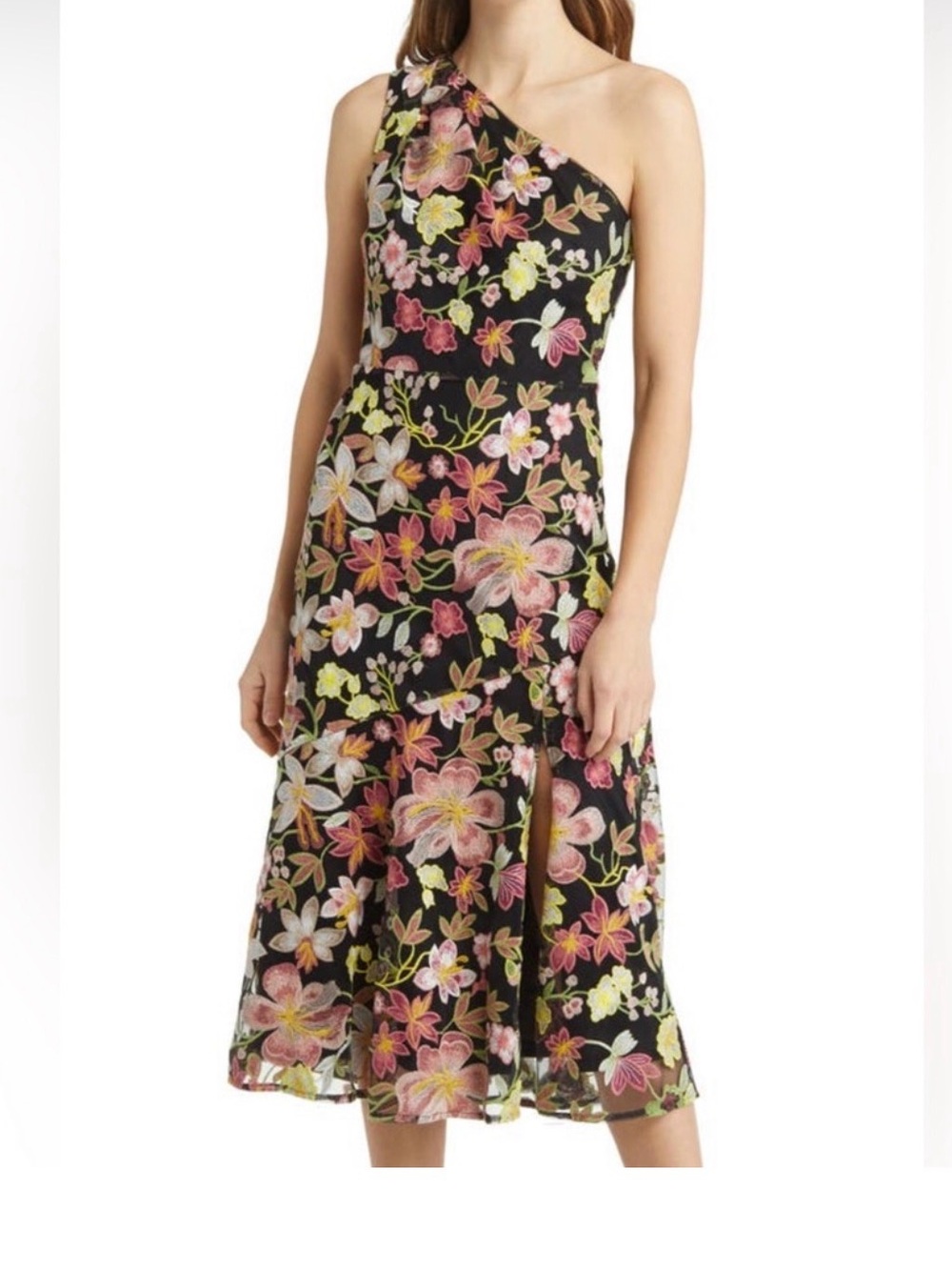 Sam Edelman Black One-Shoulder Floral Midi Dress